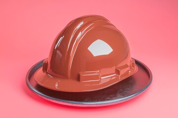Rust-colored safety helmet presented on a metallic platter.