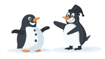 Obraz premium Two happy cartoon penguins, one wearing a Christmas hat, interacting