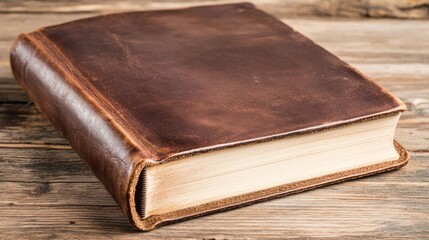 Rustic leather-bound book resting on a wooden surface.