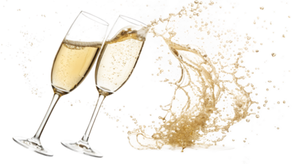 Two champagne flutes clinking with a splash of liquid creating a celebratory moment captured still png on transparent background