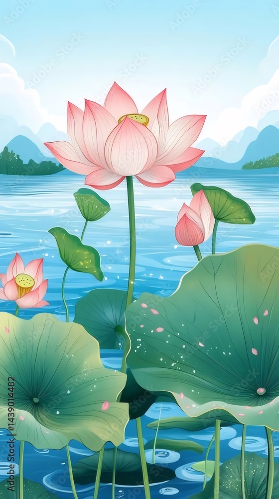Poster 水面に咲くピンクの蓮の花と葉のイラスト 水彩画の夏の風景 穏やかな水面と青空を背景に優雅に咲く蓮の花