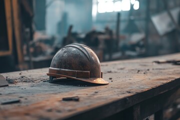 Dusty safety helmet rests on a weathered workbench.