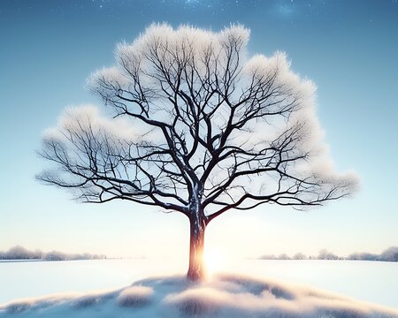 Solitary snow-covered tree at sunrise.