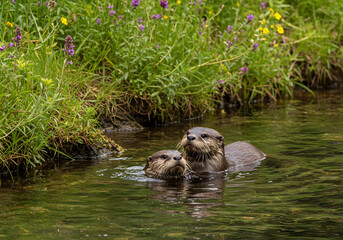 Adorable Otter Pups Playing in a Stream