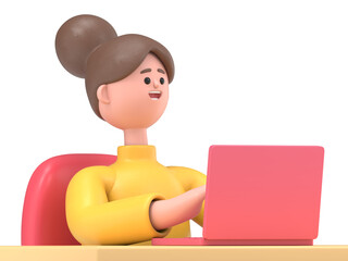 3D illustration of Asian woman Angela sits at the table with a laptop.Transparent Background Mockup.Supports PNG files with transparent backgrounds.