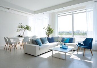 Fototapeta premium Bright white living room with modern sofa and coffee table, light blue accents, natural sunlight, clean lines, minimalist interior design, fresh and airy atmosphere.