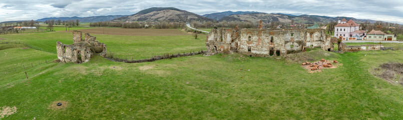 Aerial view of Alvinc Martinuzzi Castle ruin in Vintu de Jos, Transylvania Romania