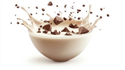 Chocolate chunks splashing into creamy milk bowl