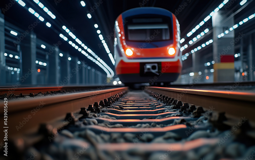 Poster train approaches on tracks in modern underground metro system, illuminated by bright lights, creatin