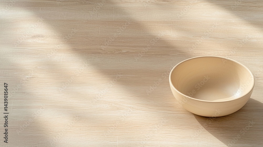 Poster a simple wooden bowl rests on a light-colored surface, illuminated by soft natural light, creating a