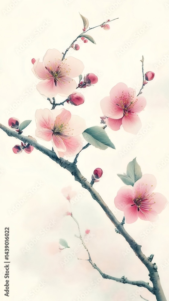 Poster 水彩画風ピンクの桜が咲く枝のイラスト 柔らかな背景 春の自然装飾