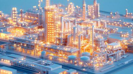 Oil refinery complex, burning flares, complex pipe networks, steel platforms, night mode with orange glow, 3D isometric, white background, side view