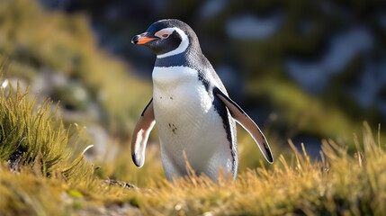 Naklejka premium Magellanic Penguin in Grassy Habitat