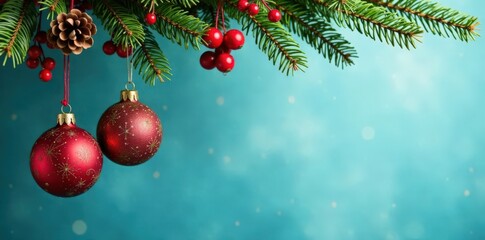 Hanging Christmas ornament set with pinecones and berries on blue background, Christmas ornaments, pinecones, greenery