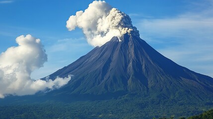 Obraz premium A volcano erupting with smoke and ash against a clear blue sky and green forest at the base of the mountain