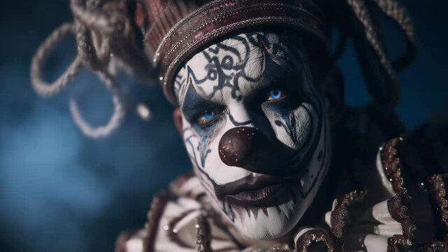 Mysterious sinister clown with ornate makeup and piercing blue eyes