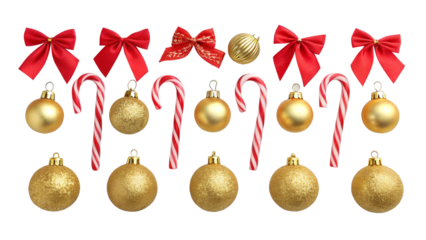 Festive christmas ornaments and red bows arranged in a neat row with candy canes holiday decoration png on transparent background