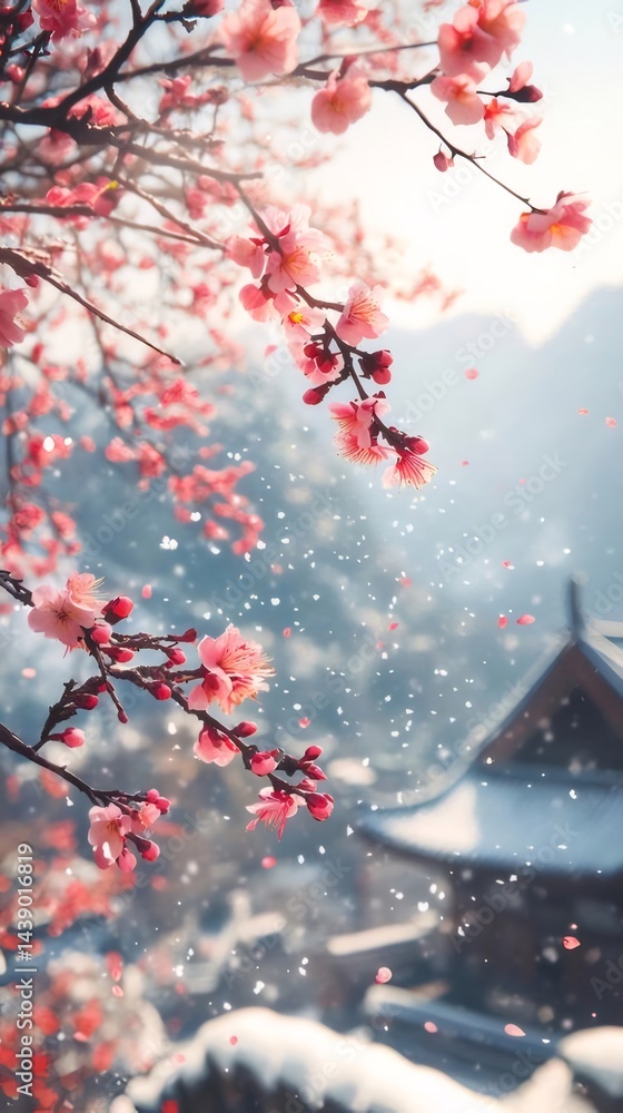 Aufkleber 鮮やかなピンク色の桜が咲き誇る日本の寺院と雪景色 自然と調和した春の風景