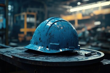Used blue hard hat rests on a dark metal surface.