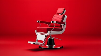 A vintage barber chair with chrome accents, deep red upholstery, and classic design