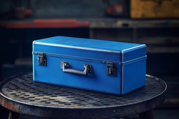 Fototapeta premium A sturdy, cobalt-blue metal tool chest rests on a metallic table.