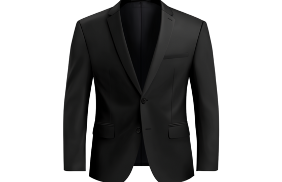 Black suit jacket, no background transparent PNG. The blazer is a classic black color with a straight silhouette and a single button on the front 