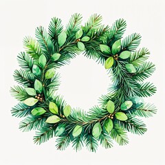 Green pine wreath watercolor art painting design on plain white background illustration