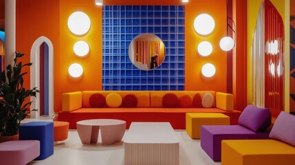 Colorful retro lounge interior design, vibrant room, modern furniture