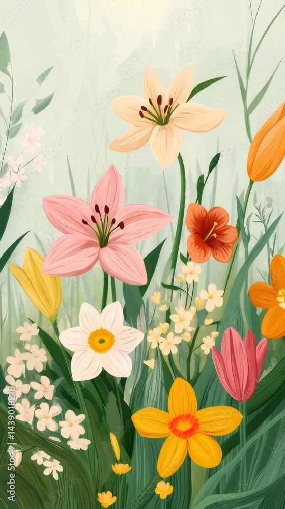 Poster 色とりどりの花が咲き乱れる草地の垂直イラスト 水彩画風の明るい色彩と柔らかなテクスチャ 美しい庭園の背景デザイン