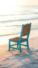 Turquoise beach chair at sunrise, tranquil ocean view