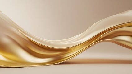 Glossy golden fluid ribbons flowing elegantly on a soft beige background.