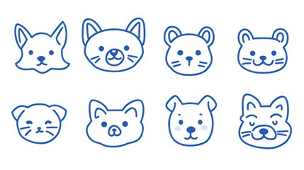 Cute pet faces, digital drawing, white background, pet adoption
