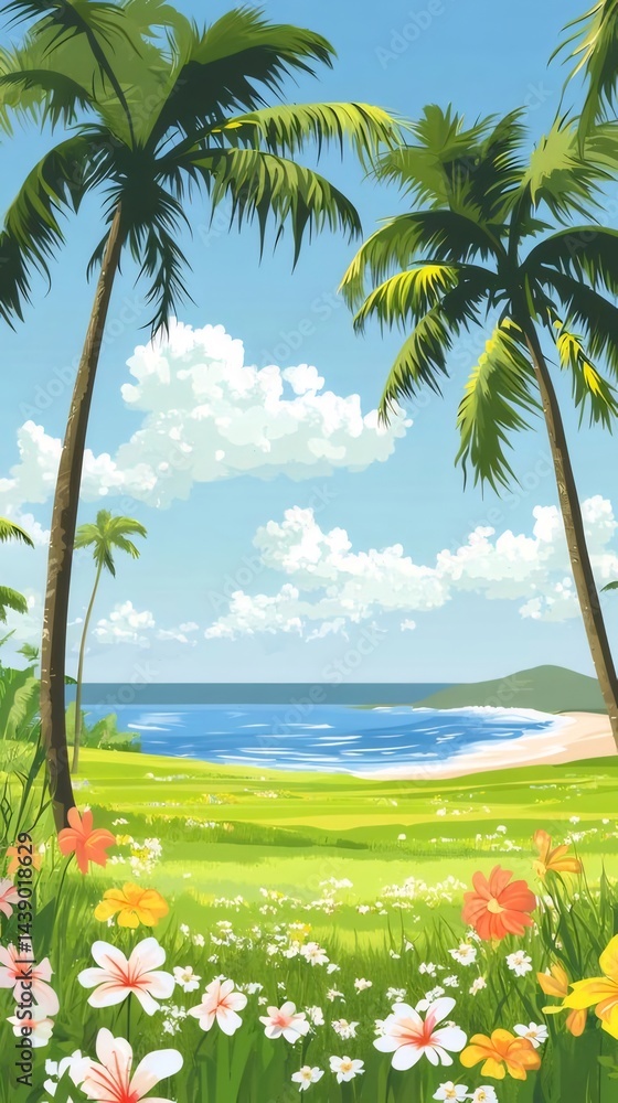 Poster 青い空と白い雲の下 草原とビーチのピクセルアート 夏の風景 ヤシの木と花のカラフルな風景