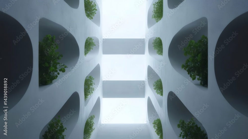 Aufkleber 上を見上げる白い建物の内部 窓から差し込む光と緑の植物の調和 美しい幾何学模様の建築デザイン