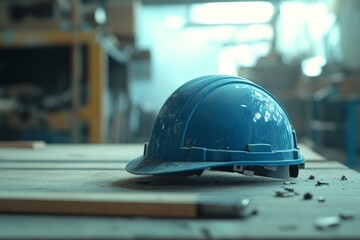Safety hard hat resting on a work surface.