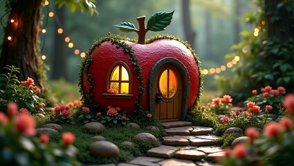 3d apple shaped cottage nestled within an enchanted garden apple house delicate flowers and winding green vines