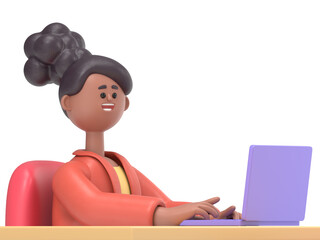 3D illustration of african american woman Coco sits at the table with a laptop.Transparent Background Mockup.Supports PNG files with transparent backgrounds.