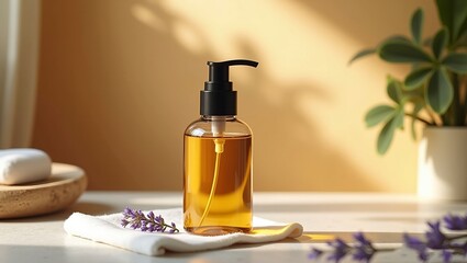  a clear glass black pump bottle filled with body oil  placed on a fresh white cotton cloth background is luxury setting