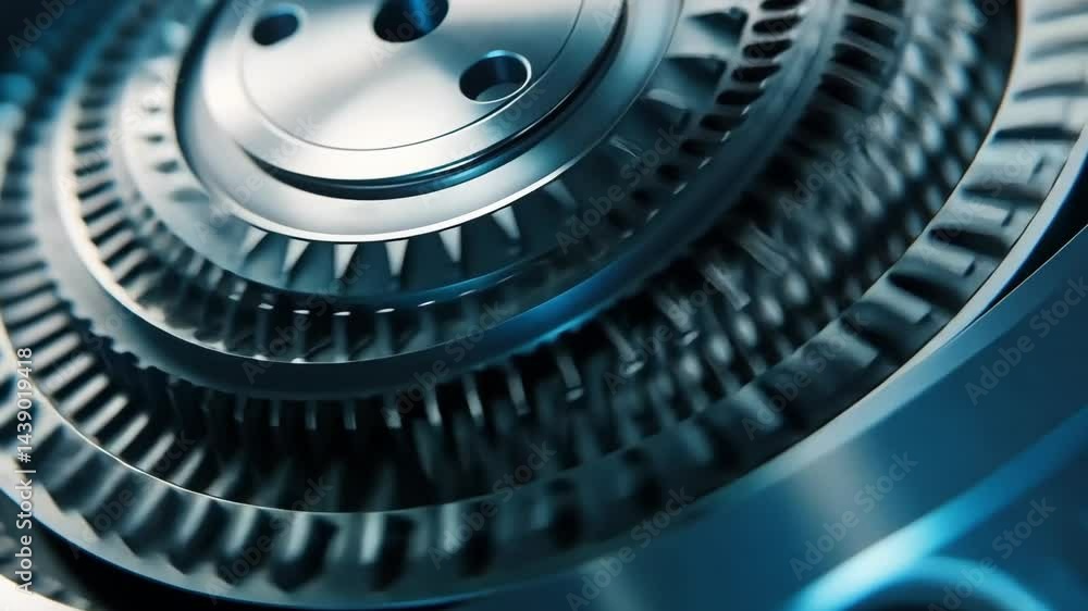 Poster rotating metallic gears in action: closeup of industrial precision and mechanical engineering