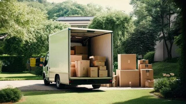 A moving truck with open doors and stacked boxes in a suburban driveway, captured from a low angle, conveying a relocation video theme.
