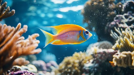 Obraz premium A colorful fish swimming in a vibrant coral reef with blue water and natural light underwater scene