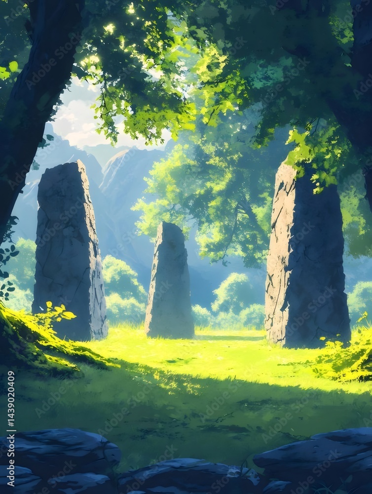 Aufkleber 三つの石柱が並ぶ緑豊かな森の風景 太陽光が差し込む草地と木々のコントラスト 自然の神秘的な雰囲気