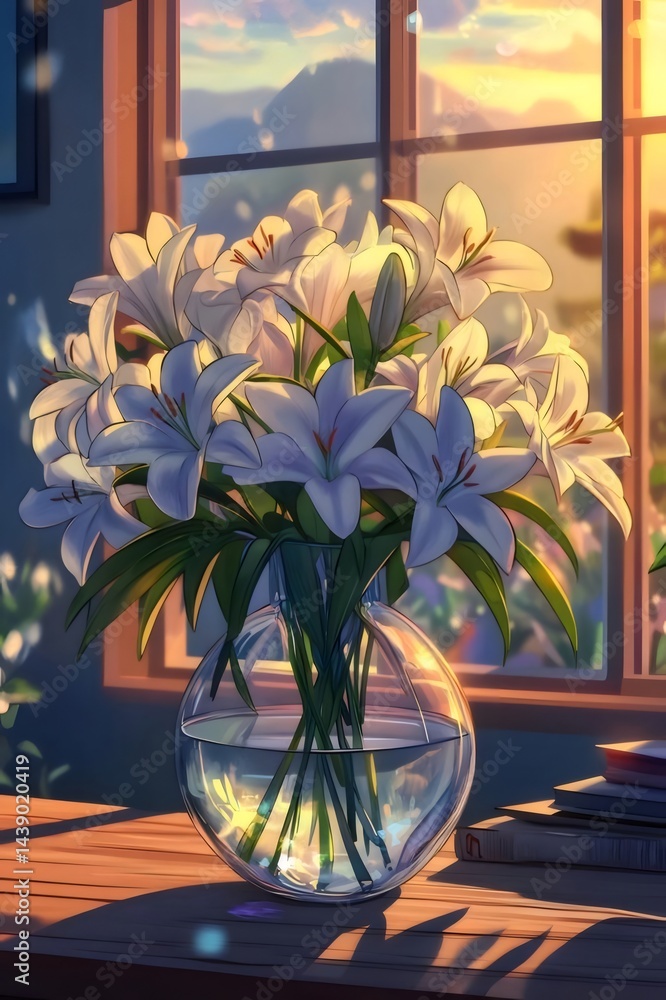 Poster 窓辺に飾られた白いユリの花束 柔らかな光と影の美しい静物画 暖かく優しい雰囲気のテーブル装飾
