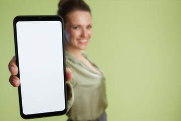 Blurred woman promoting smartphone app
