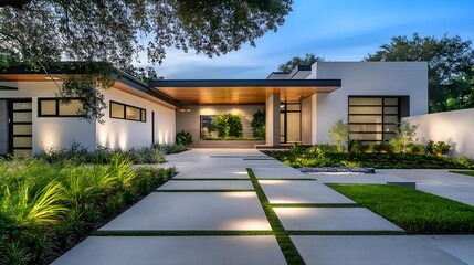 Fototapeta premium Modern House Exterior, Night Landscape - Minimalist Design