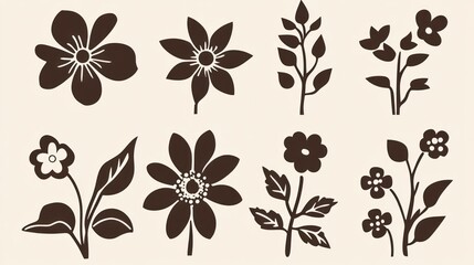 Floral silhouettes eight dark brown flowers & plants on beige.  Ideal for design elements, patterns, or invitations