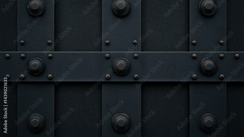 Poster a close-up view of a dark metal surface featuring rivets and a panel design, emphasizing industrial 