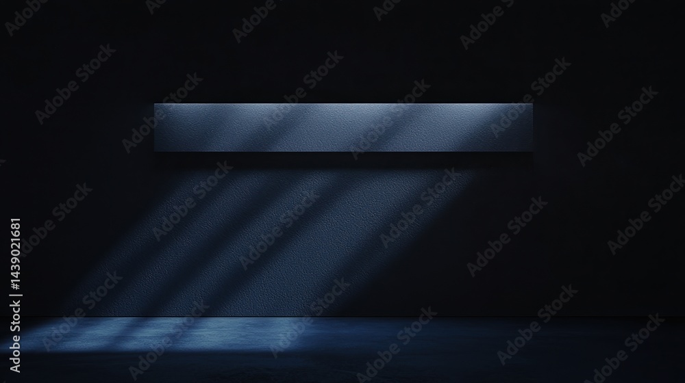 Poster a minimalist dark space featuring a horizontal light strip casting shadows, creating a serene and co