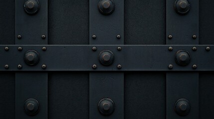 A close-up view of a dark metal surface featuring rivets and a panel design, emphasizing industrial textures and patterns.