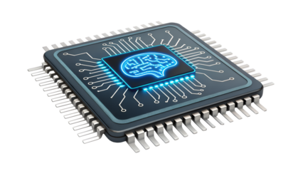 Illuminated brain symbol inside a computer chip with visible pins and circuit connections design png on transparent background